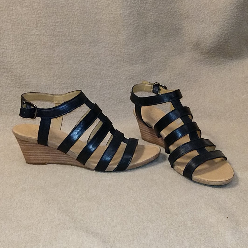 Franco Sarto Leather Wedge Sandals Black and Tan